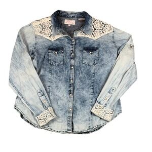 Panhandle Women XL Acid Wash Denim Lace Western Shirt Blue Snap Button 2236605